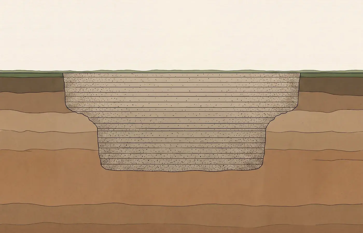 Illustrative cutaway illustration: the entire pool shell removed with no concrete remaining, and the open excavation backfilled and compacted in lifts up to final grade.