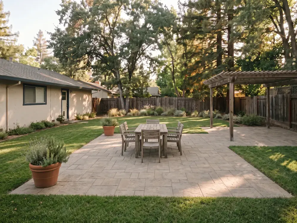 Illustrative concept image, not a customer project: the same backyard with a paver patio and outdoor dining table over the former pool footprint.