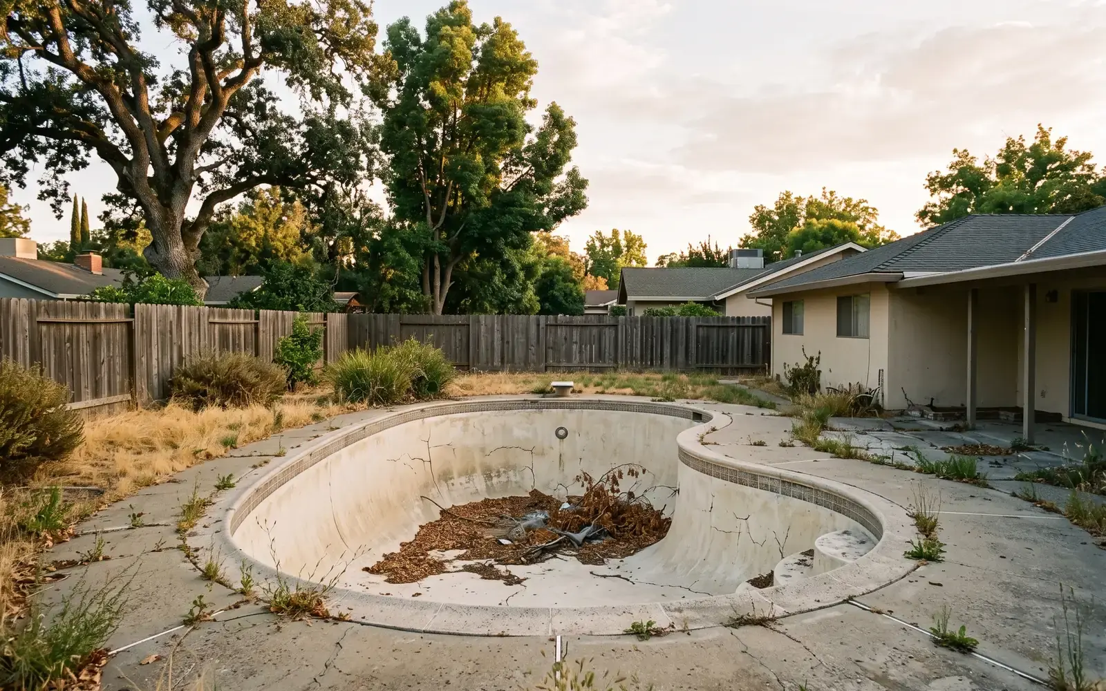 Illustrative concept image, not a customer project: an older Sacramento backyard with an empty, unused kidney-shaped concrete pool.
