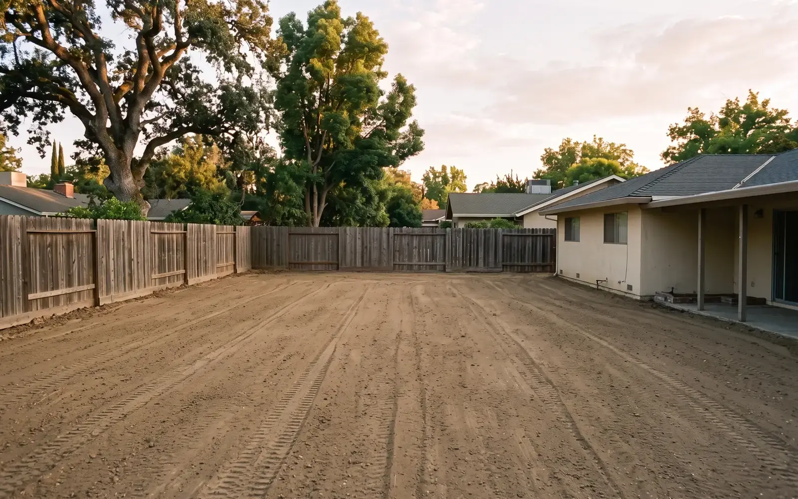 Illustrative concept image, not a customer project: the same backyard after removal, backfilled and finished to a clean compacted final grade.
