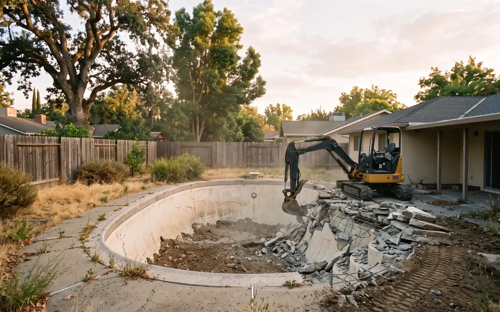 Illustrative concept image, not a customer project: the same backyard mid-demolition, with a compact excavator and broken pool shell.