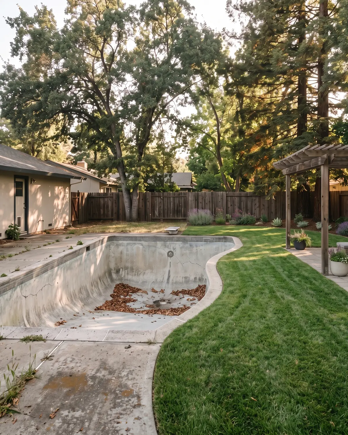 Illustrative concept image, not a customer project: one Sacramento backyard shown mid-transformation — an old empty concrete pool and tired decking on the left, and the same yard already reclaimed as lawn, planting and a paved patio on the right, meeting along the curve of the old pool edge.